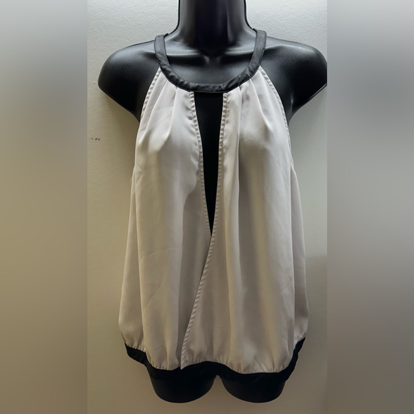 BEBE | Small Sleeveless Wrap Style Blouse with Keyhole Faux Leather Halter Neck - Picture 5 of 15
